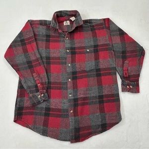 Vintage 90s Short Wave Red Gray Plaid Flannel Long Sleeve Button Up Shirt Men XL